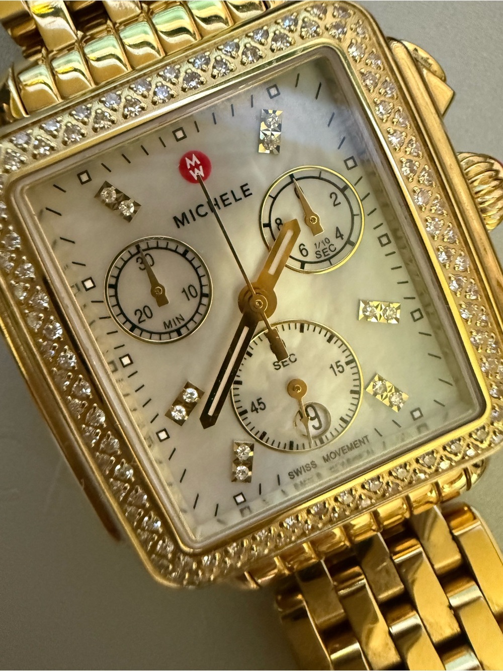 Michele Gold-Tone Diamond Bezel Mother-of-Pearl Chronograph Watch - Picture 2 of 4